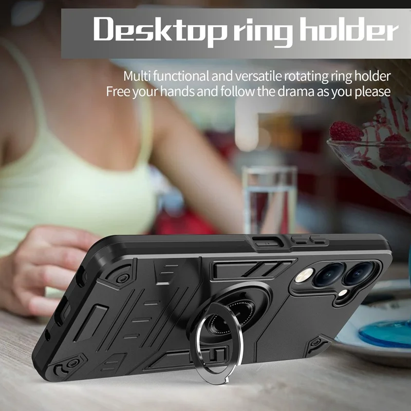 For vivo Y04 4G / Y29s 5G Case with Ring Holder Kickstand PC + TPU Anti-Fall Phone Cover - Black