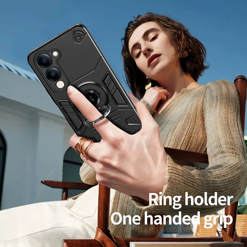 For vivo Y04 4G / Y29s 5G Case with Ring Holder Kickstand PC + TPU Anti-Fall Phone Cover - Black