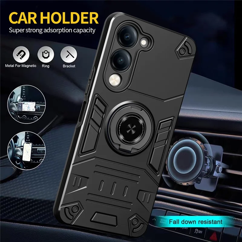 For vivo Y04 4G / Y29s 5G Case with Ring Holder Kickstand PC + TPU Anti-Fall Phone Cover - Black