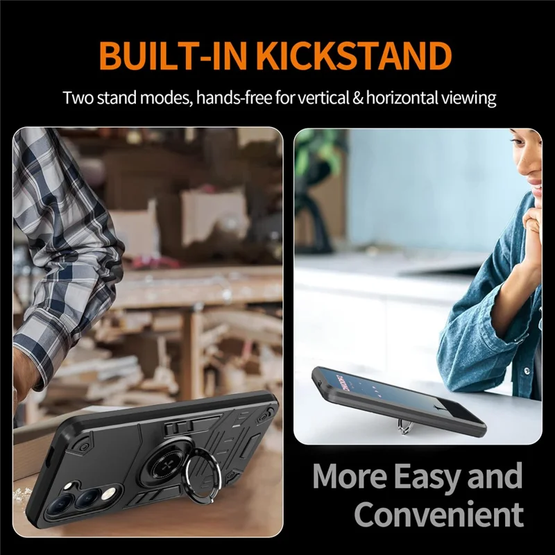 For vivo Y04 4G / Y29s 5G Case with Ring Holder Kickstand PC + TPU Anti-Fall Phone Cover - Black