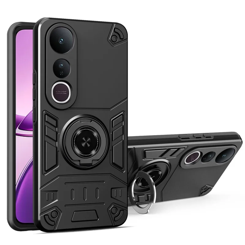 For vivo V50 Lite 5G Case with Ring Holder Kickstand PC + TPU Anti-Fall Phone Cover - Black