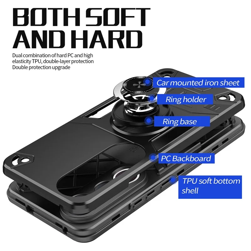 For vivo V50 Lite 5G Case with Ring Holder Kickstand PC + TPU Anti-Fall Phone Cover - Black