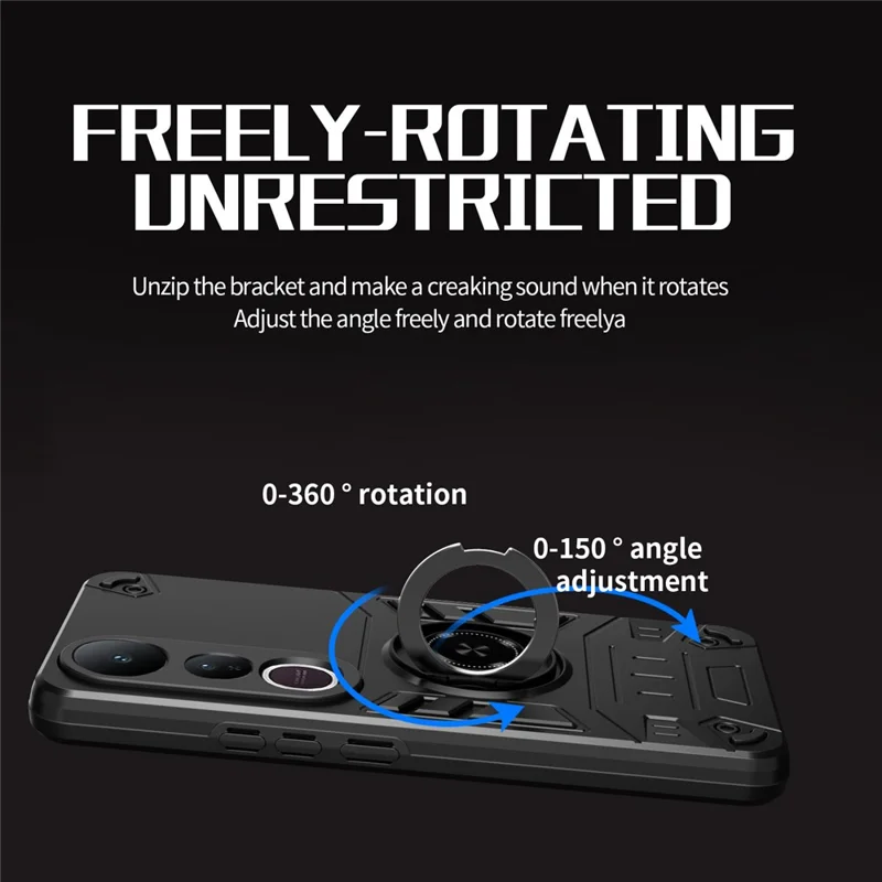 For vivo V50 Lite 5G Case with Ring Holder Kickstand PC + TPU Anti-Fall Phone Cover - Black