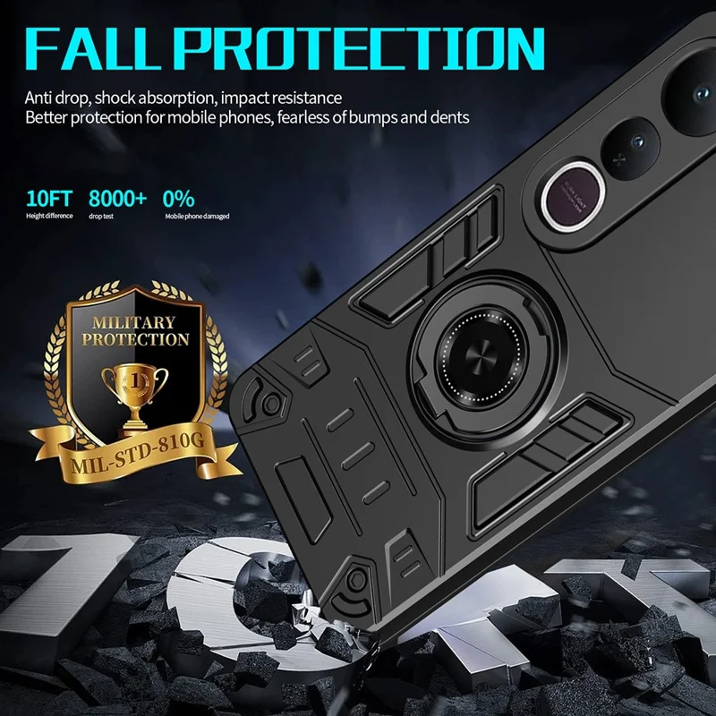 For vivo V50 Lite 5G Case with Ring Holder Kickstand PC + TPU Anti-Fall Phone Cover - Black
