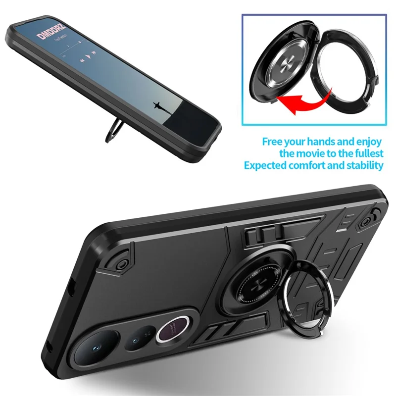 For vivo V50 Lite 5G Case with Ring Holder Kickstand PC + TPU Anti-Fall Phone Cover - Black
