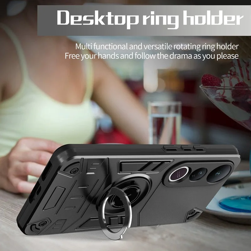 For vivo V50 Lite 5G Case with Ring Holder Kickstand PC + TPU Anti-Fall Phone Cover - Black