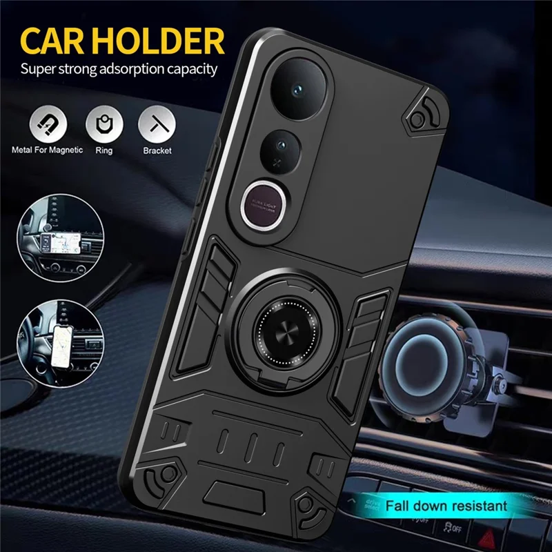 For vivo V50 Lite 5G Case with Ring Holder Kickstand PC + TPU Anti-Fall Phone Cover - Black