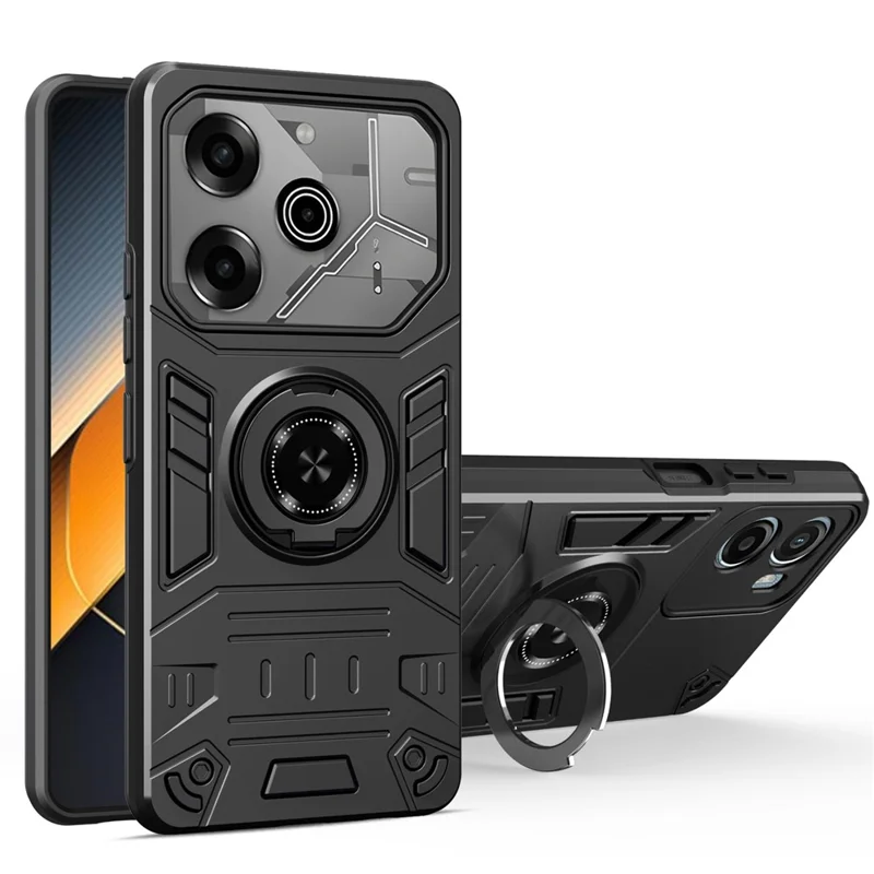For TECNO Pova 6 4G / Pova 6 Pro 5G Case with Ring Holder Kickstand PC + TPU Anti-Fall Phone Cover - Black