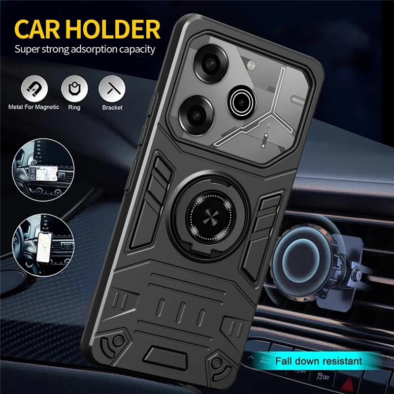 For TECNO Pova 6 4G / Pova 6 Pro 5G Case with Ring Holder Kickstand PC + TPU Anti-Fall Phone Cover - Black
