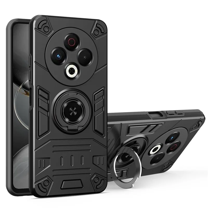 For TECNO Spark 30 5G Case with Ring Holder Kickstand PC + TPU Anti-Fall Phone Cover - Black