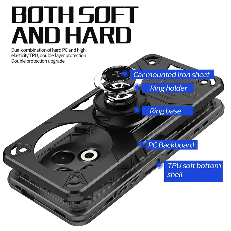 For TECNO Spark 30 5G Case with Ring Holder Kickstand PC + TPU Anti-Fall Phone Cover - Black