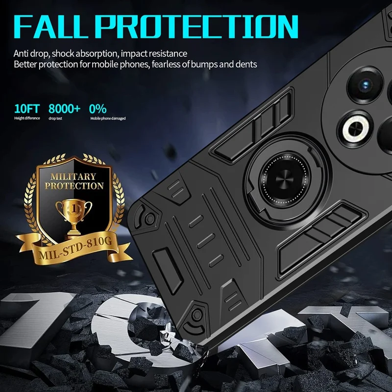 For TECNO Spark 30 5G Case with Ring Holder Kickstand PC + TPU Anti-Fall Phone Cover - Black