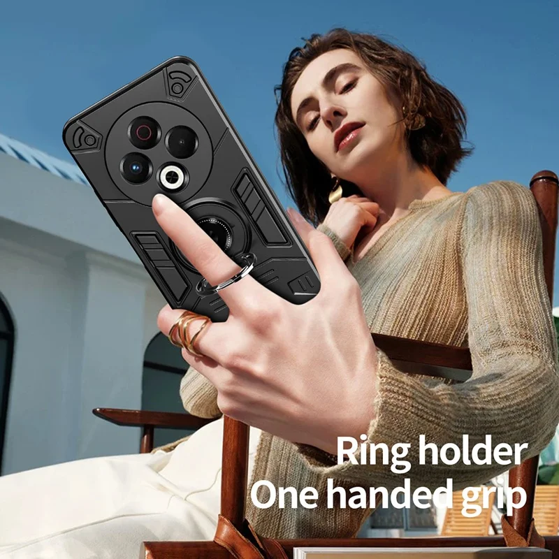 For TECNO Spark 30 5G Case with Ring Holder Kickstand PC + TPU Anti-Fall Phone Cover - Black