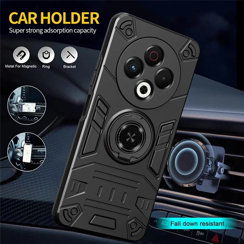 For TECNO Spark 30 5G Case with Ring Holder Kickstand PC + TPU Anti-Fall Phone Cover - Black