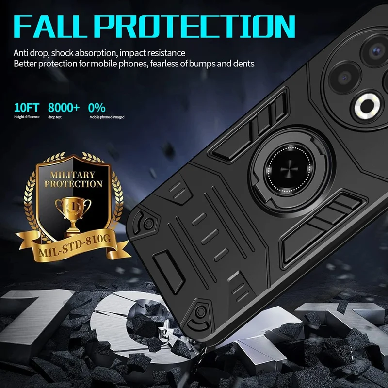 For TECNO Spark 30 Pro 4G Case with Ring Holder Kickstand PC + TPU Anti-Fall Phone Cover - Black