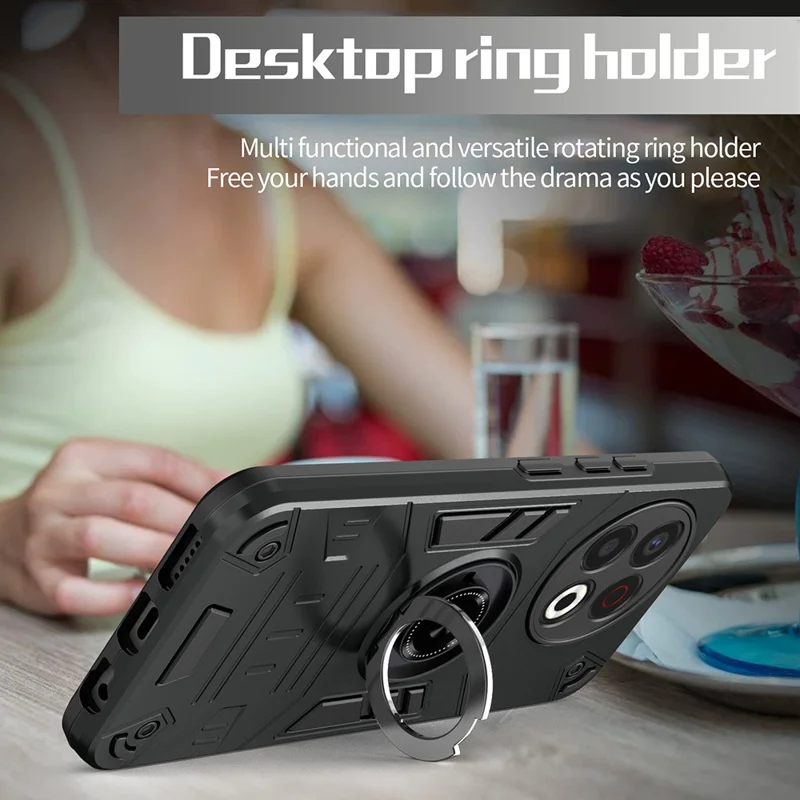For TECNO Spark 30 Pro 4G Case with Ring Holder Kickstand PC + TPU Anti-Fall Phone Cover - Black