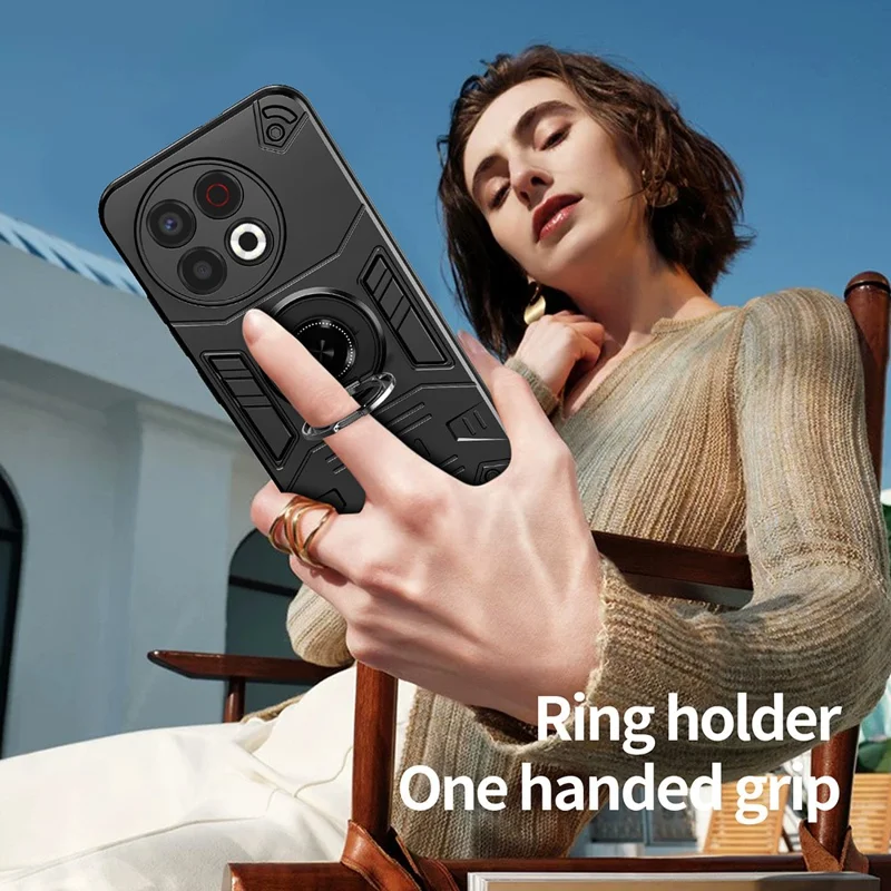 For TECNO Spark 30 Pro 4G Case with Ring Holder Kickstand PC + TPU Anti-Fall Phone Cover - Black