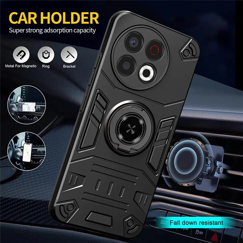 For TECNO Spark 30 Pro 4G Case with Ring Holder Kickstand PC + TPU Anti-Fall Phone Cover - Black