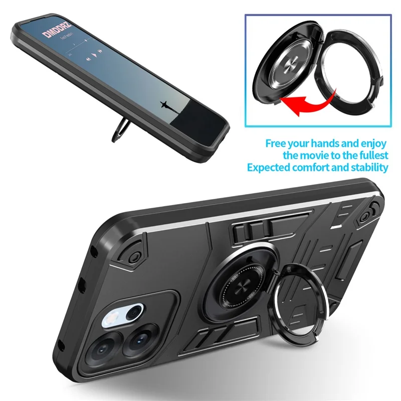 For Oppo Reno14 F 5G Case with Ring Holder Kickstand PC + TPU Anti-Fall Phone Cover - Black
