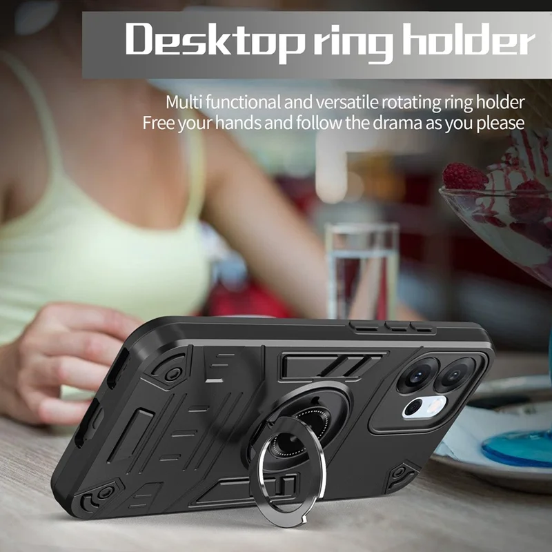 For Oppo Reno14 F 5G Case with Ring Holder Kickstand PC + TPU Anti-Fall Phone Cover - Black
