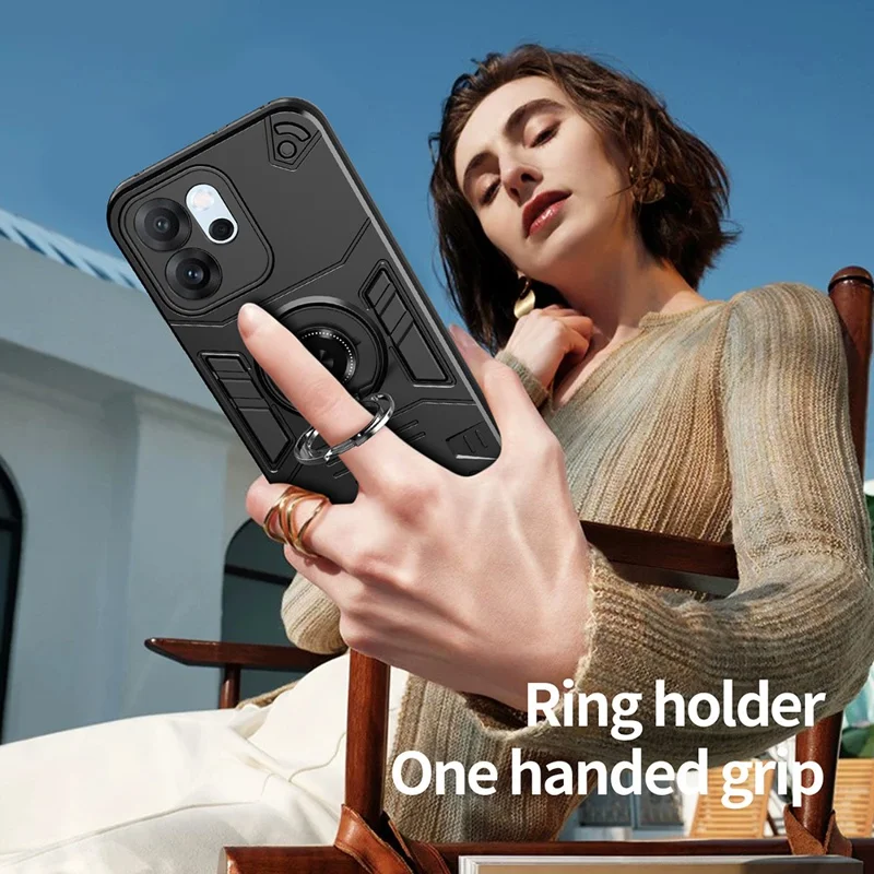 For Oppo Reno14 F 5G Case with Ring Holder Kickstand PC + TPU Anti-Fall Phone Cover - Black