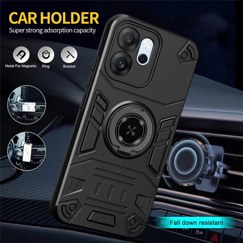 For Oppo Reno14 F 5G Case with Ring Holder Kickstand PC + TPU Anti-Fall Phone Cover - Black