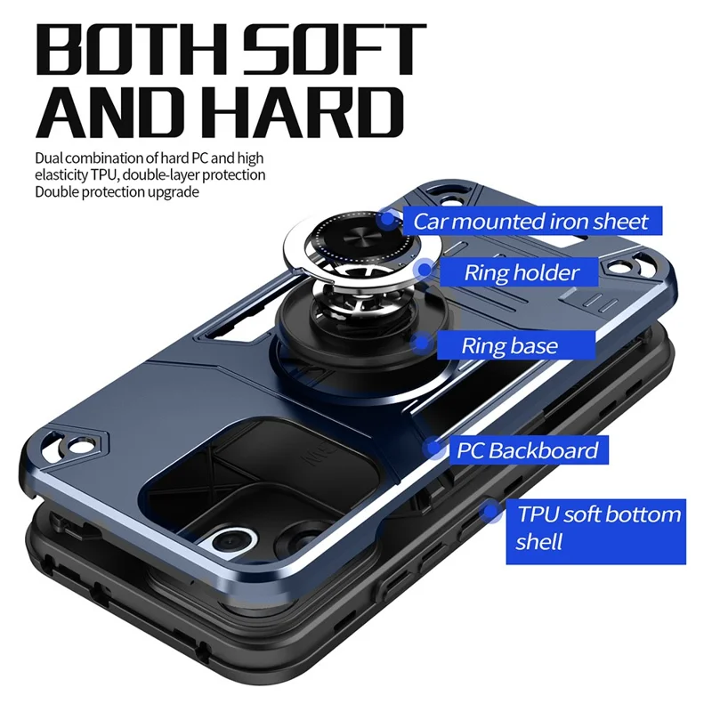 For Oppo Reno14 F 5G Case with Ring Holder Kickstand PC + TPU Anti-Fall Phone Cover - Black
