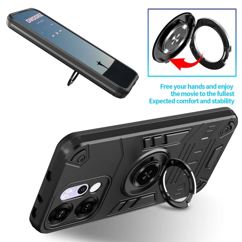 Til Oppo Reno14 5G (Global) hylse med ringeholder og støtteben PC + TPU anti-fald telefonbeskyttelse - Sort