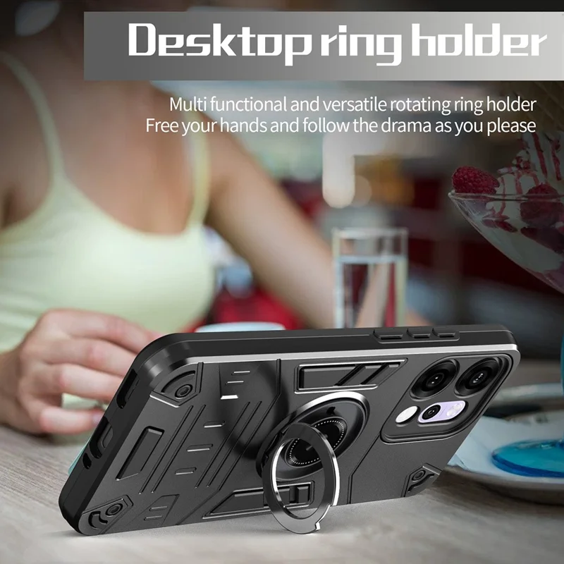 Til Oppo Reno14 5G (Global) hylse med ringeholder og støtteben PC + TPU anti-fald telefonbeskyttelse - Sort