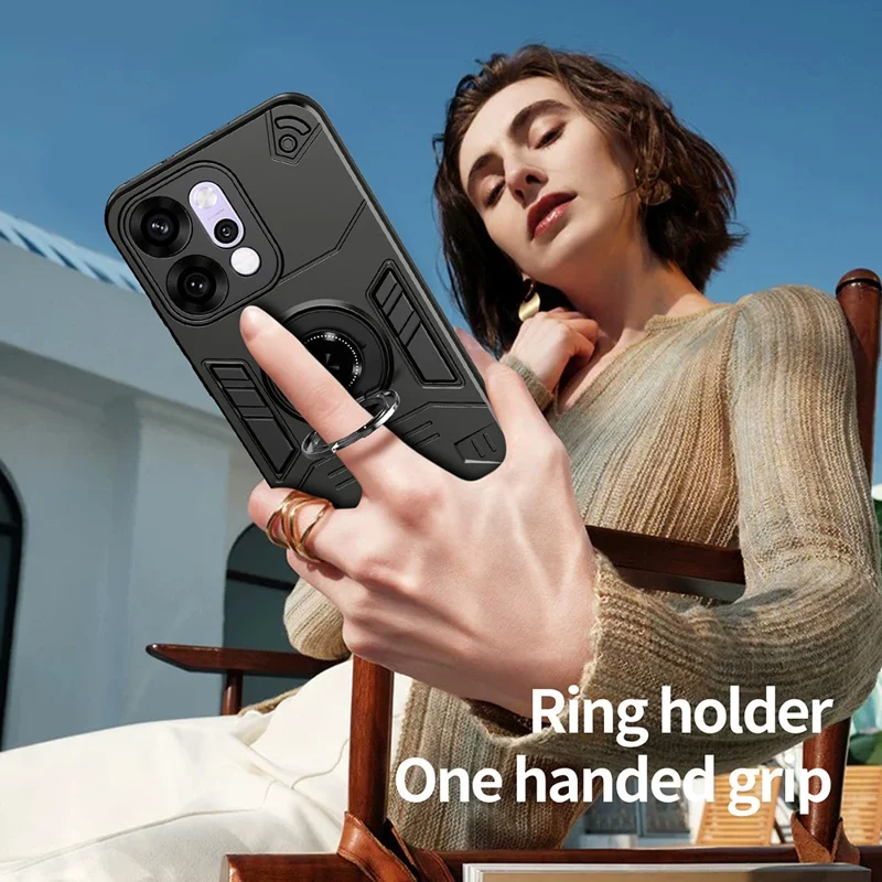 Til Oppo Reno14 5G (Global) hylse med ringeholder og støtteben PC + TPU anti-fald telefonbeskyttelse - Sort