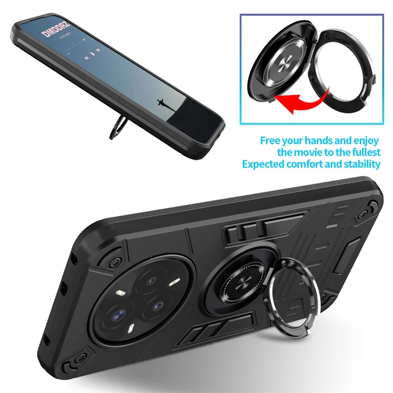Hoesje voor Realme 14 Pro+ 5G / P3 Pro 5G met ringhouder en standaard PC + TPU anti-val hoesje - Zwart