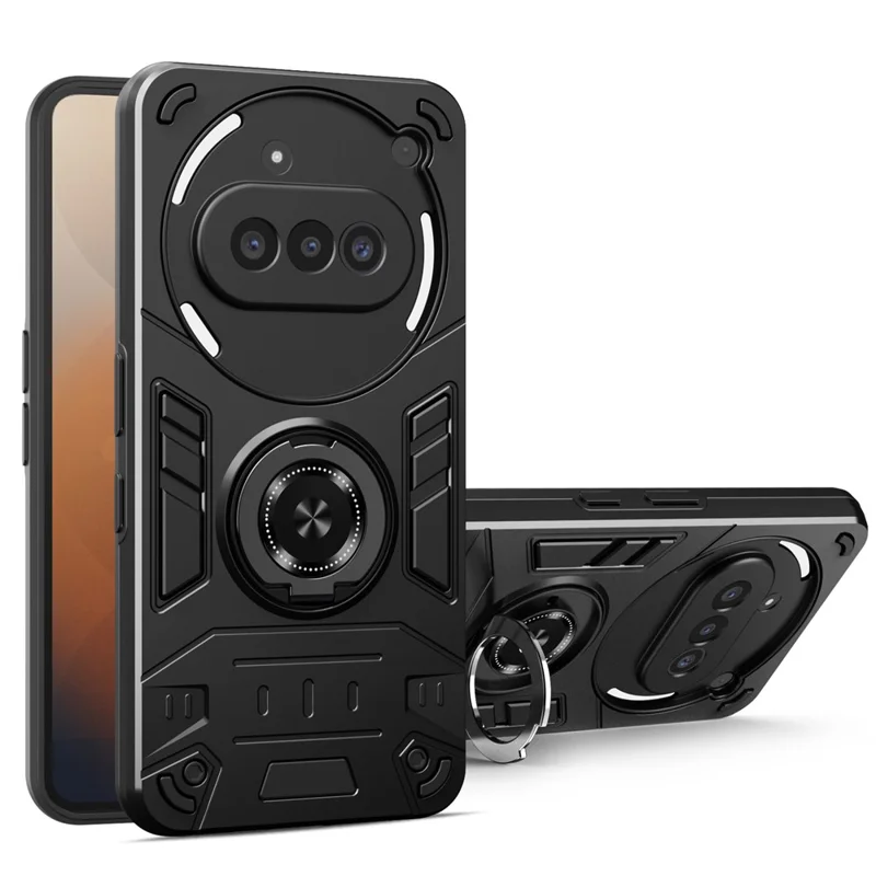 For Nothing Phone (3a) Case with Ring Holder Kickstand PC + TPU Anti-Fall Phone Cover - Black