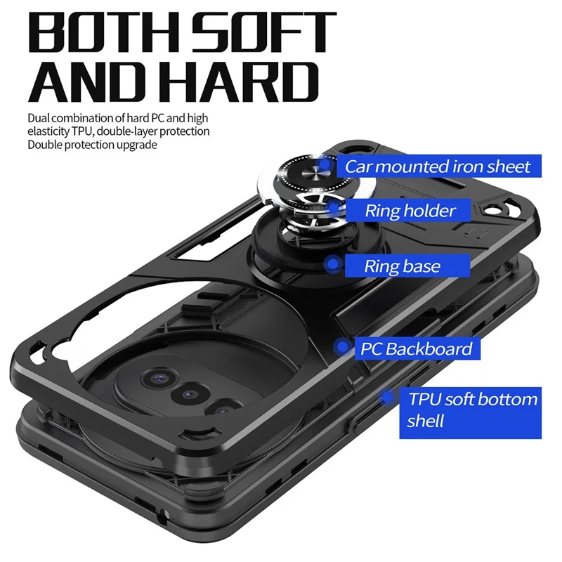 For Nothing Phone (3a) Case with Ring Holder Kickstand PC + TPU Anti-Fall Phone Cover - Black