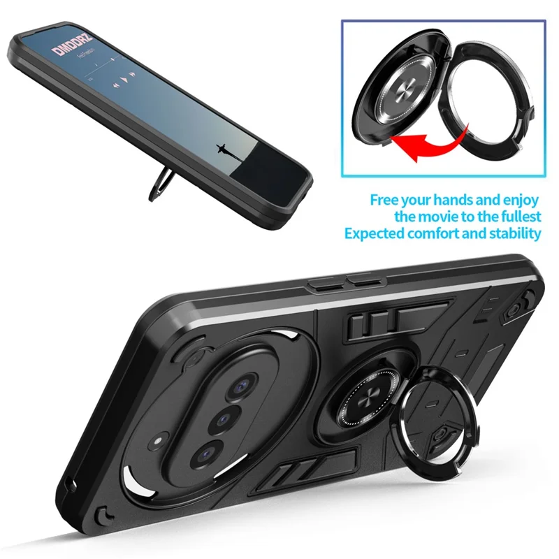 For Nothing Phone (3a) Case with Ring Holder Kickstand PC + TPU Anti-Fall Phone Cover - Black
