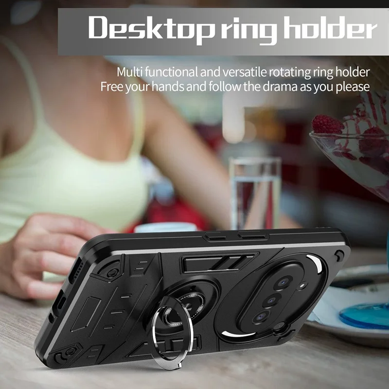 For Nothing Phone (3a) Case with Ring Holder Kickstand PC + TPU Anti-Fall Phone Cover - Black