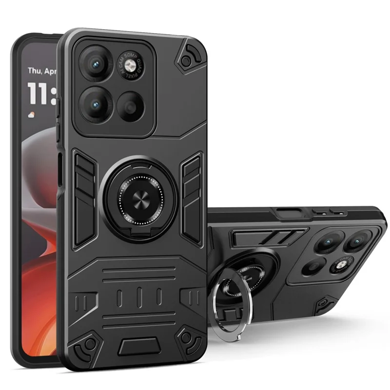 For Motorola Edge 60 Pro 5G Case with Ring Holder Kickstand PC + TPU Anti-Fall Phone Cover - Black