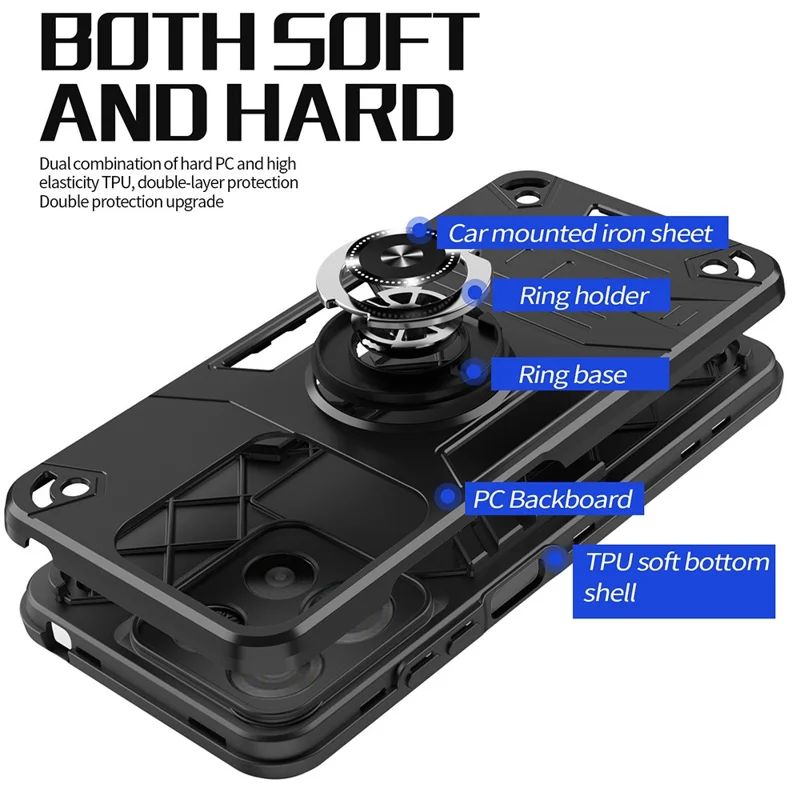 For Motorola Edge 60 Pro 5G Case with Ring Holder Kickstand PC + TPU Anti-Fall Phone Cover - Black