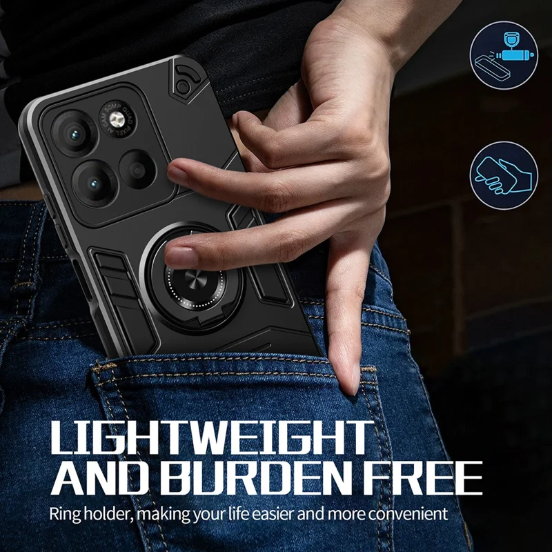 For Motorola Edge 60 Pro 5G Case with Ring Holder Kickstand PC + TPU Anti-Fall Phone Cover - Black