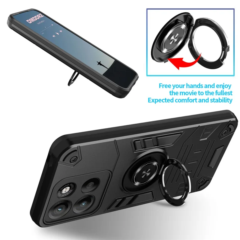 For Motorola Edge 60 Pro 5G Case with Ring Holder Kickstand PC + TPU Anti-Fall Phone Cover - Black