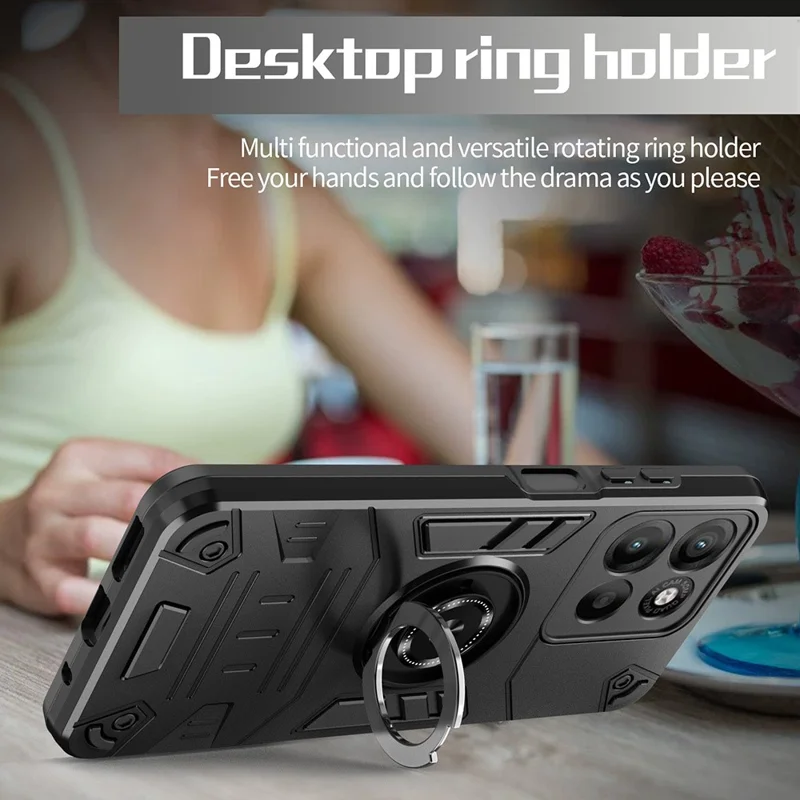 For Motorola Edge 60 Pro 5G Case with Ring Holder Kickstand PC + TPU Anti-Fall Phone Cover - Black