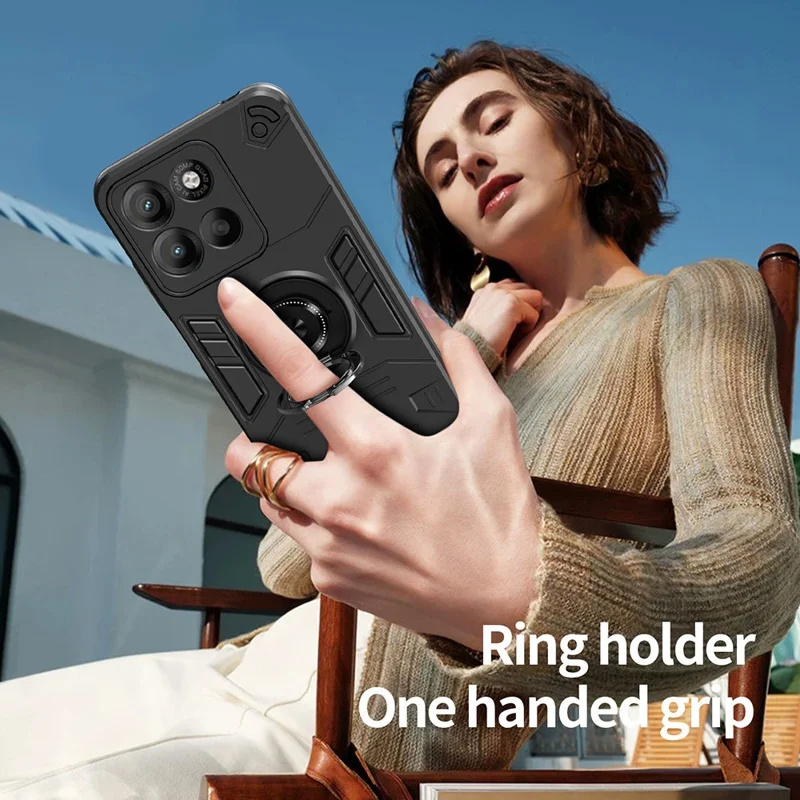 For Motorola Edge 60 Pro 5G Case with Ring Holder Kickstand PC + TPU Anti-Fall Phone Cover - Black