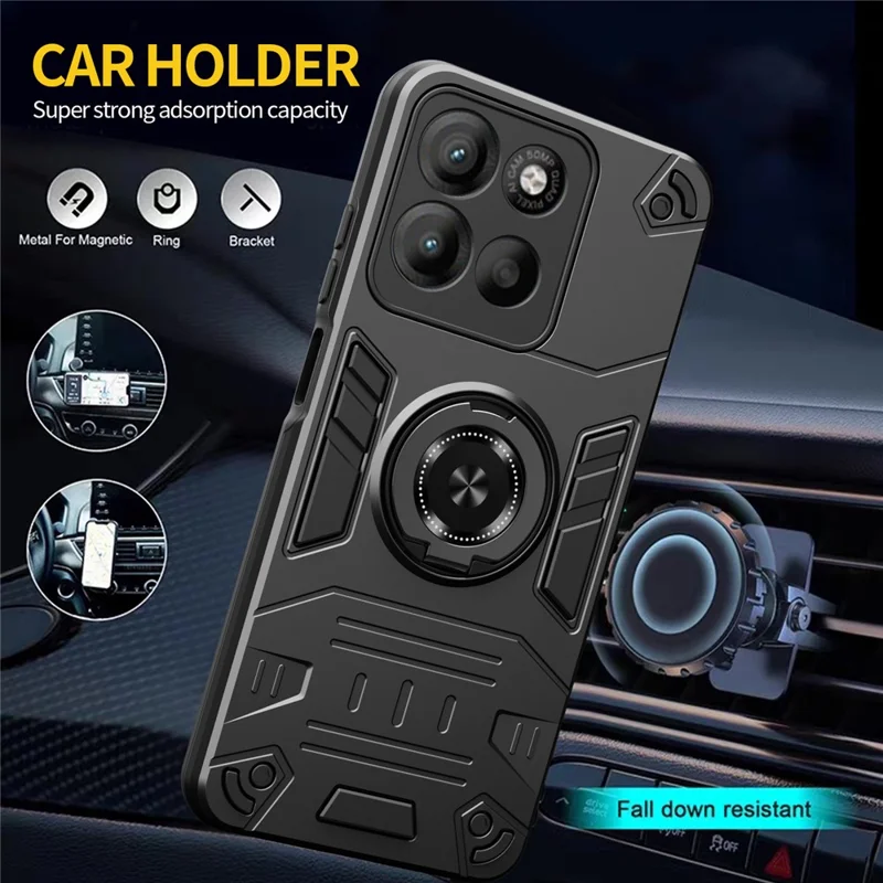 For Motorola Edge 60 Pro 5G Case with Ring Holder Kickstand PC + TPU Anti-Fall Phone Cover - Black