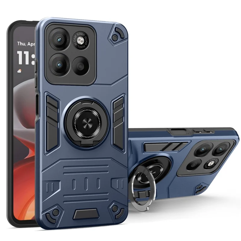 For Motorola Edge 60 Pro 5G Case with Ring Holder Kickstand PC + TPU Anti-Fall Phone Cover - Dark Blue