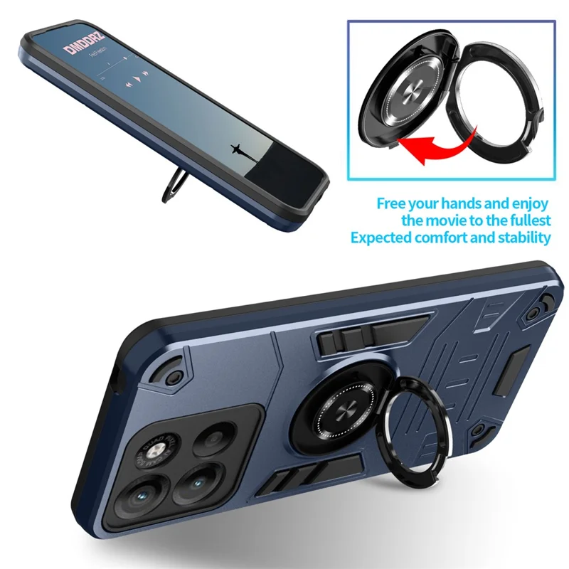 For Motorola Edge 60 Pro 5G Case with Ring Holder Kickstand PC + TPU Anti-Fall Phone Cover - Dark Blue