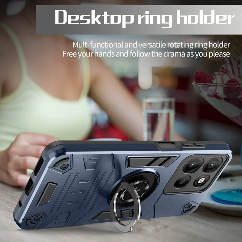 For Motorola Edge 60 Pro 5G Case with Ring Holder Kickstand PC + TPU Anti-Fall Phone Cover - Dark Blue