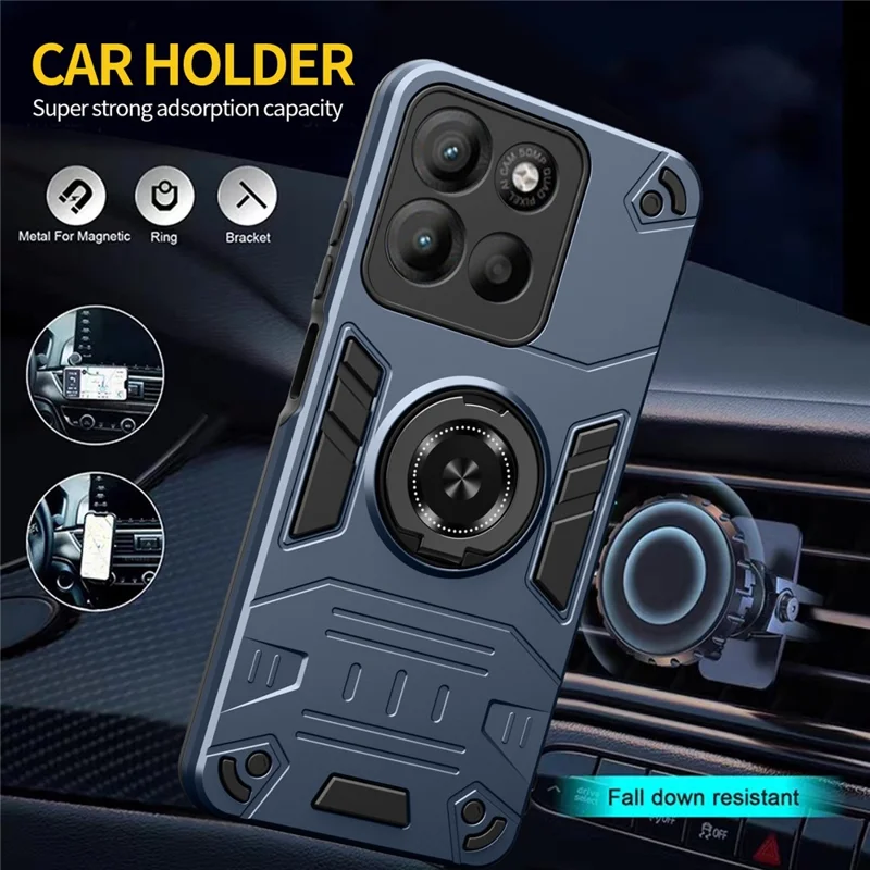 For Motorola Edge 60 Pro 5G Case with Ring Holder Kickstand PC + TPU Anti-Fall Phone Cover - Dark Blue