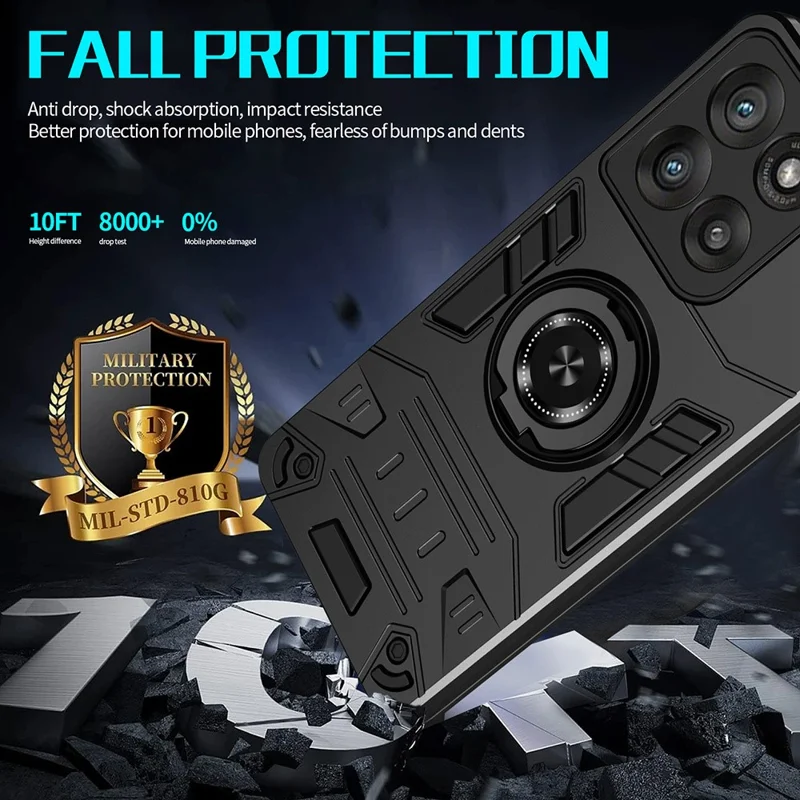 For Motorola Moto G86 5G Case with Ring Holder Kickstand PC + TPU Anti-Fall Phone Cover - Black