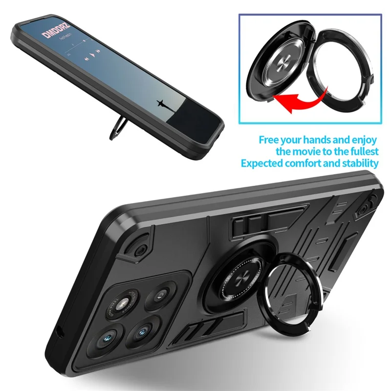 For Motorola Moto G86 5G Case with Ring Holder Kickstand PC + TPU Anti-Fall Phone Cover - Black