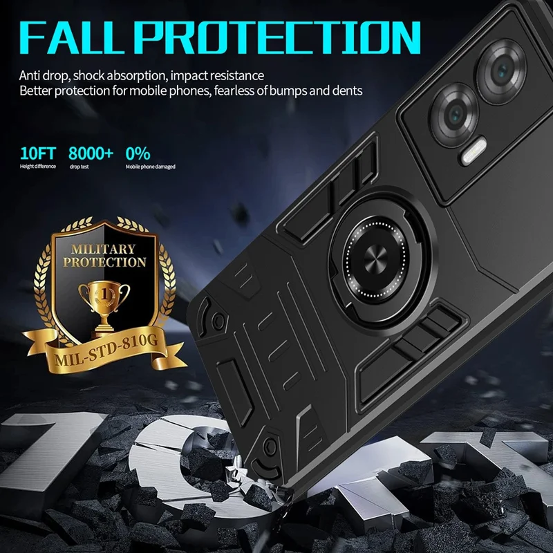 For Motorola Edge 50 Fusion 5G Case with Ring Holder Kickstand PC + TPU Anti-Fall Phone Cover - Black