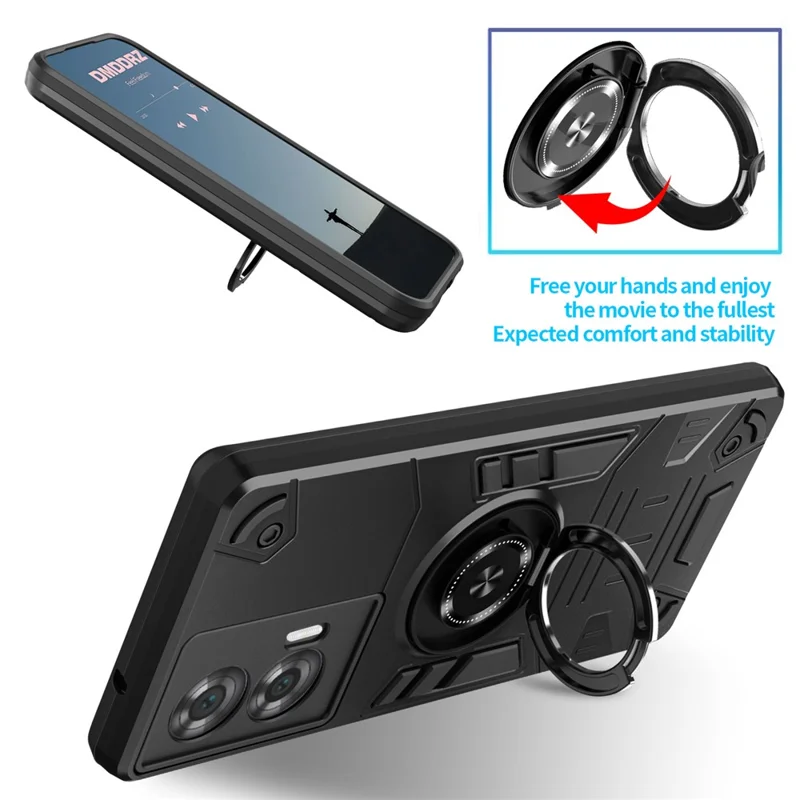 For Motorola Edge 50 Fusion 5G Case with Ring Holder Kickstand PC + TPU Anti-Fall Phone Cover - Black